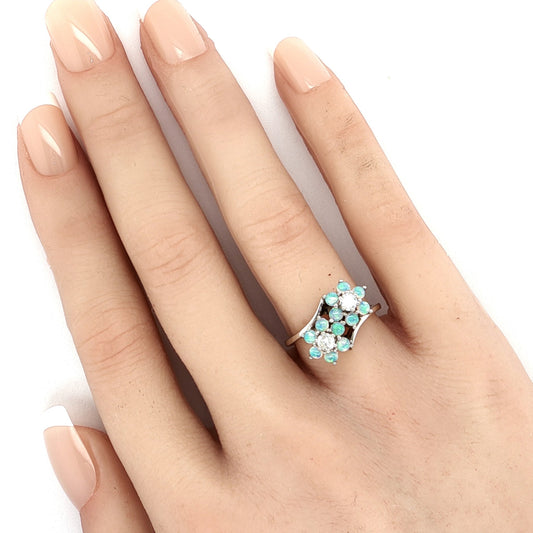Diamond Opal Double Flower 14k White Gold Ring Size 5.5