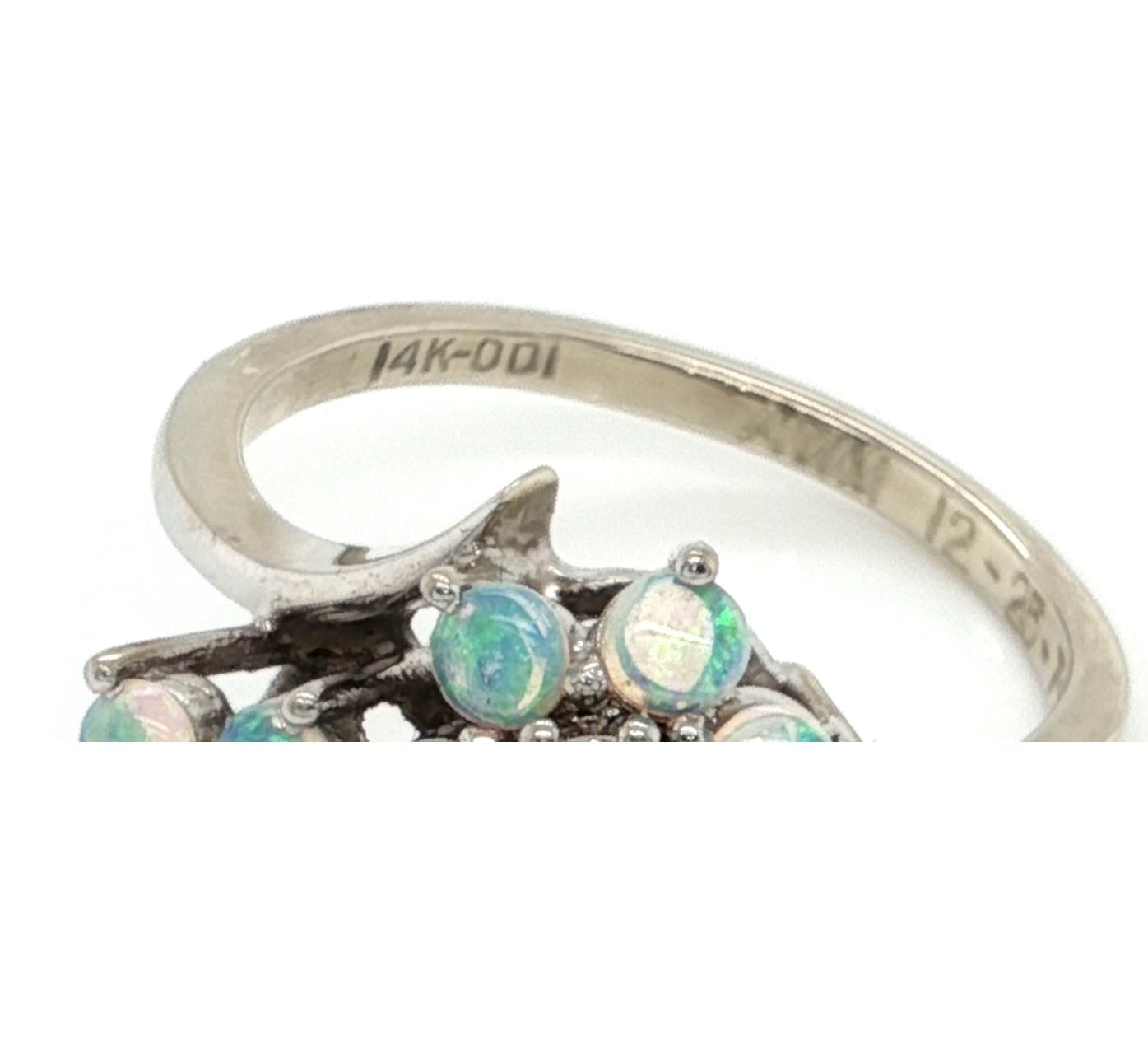 Diamond Opal Double Flower 14k White Gold Ring Size 5.5
