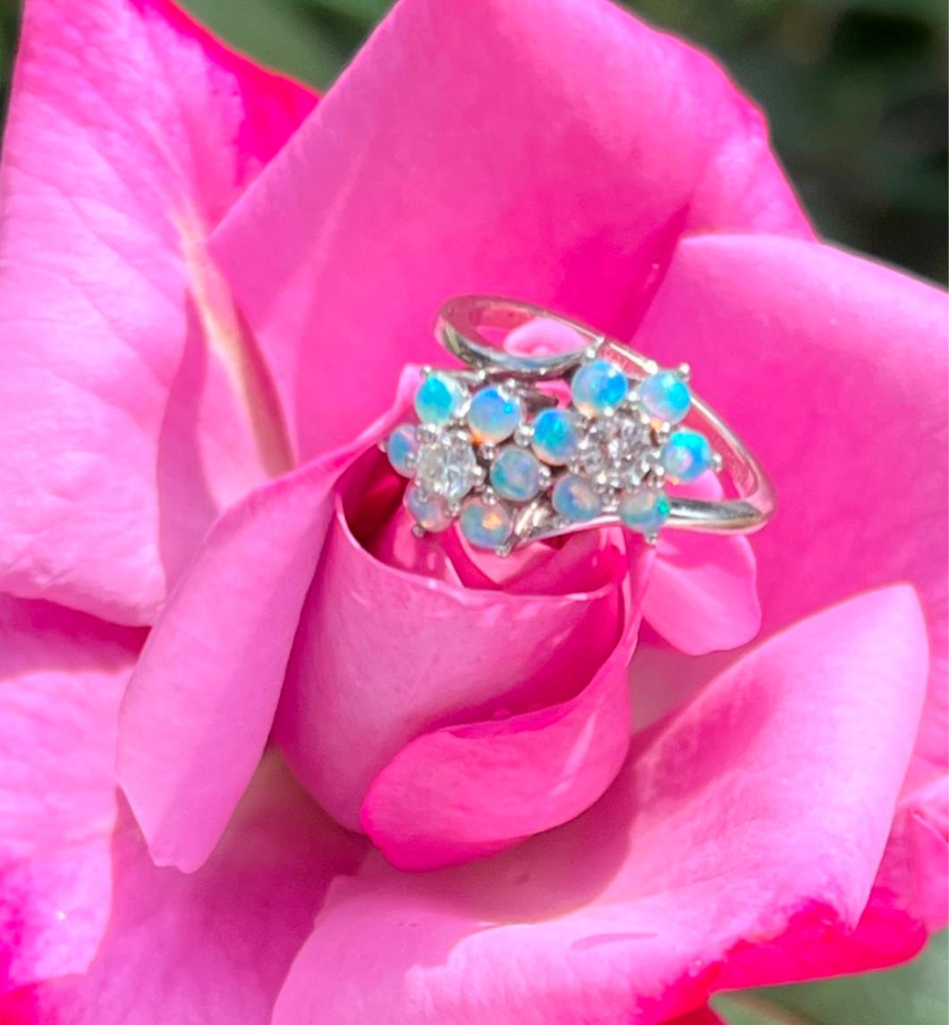 Diamond Opal Double Flower 14k White Gold Ring Size 5.5
