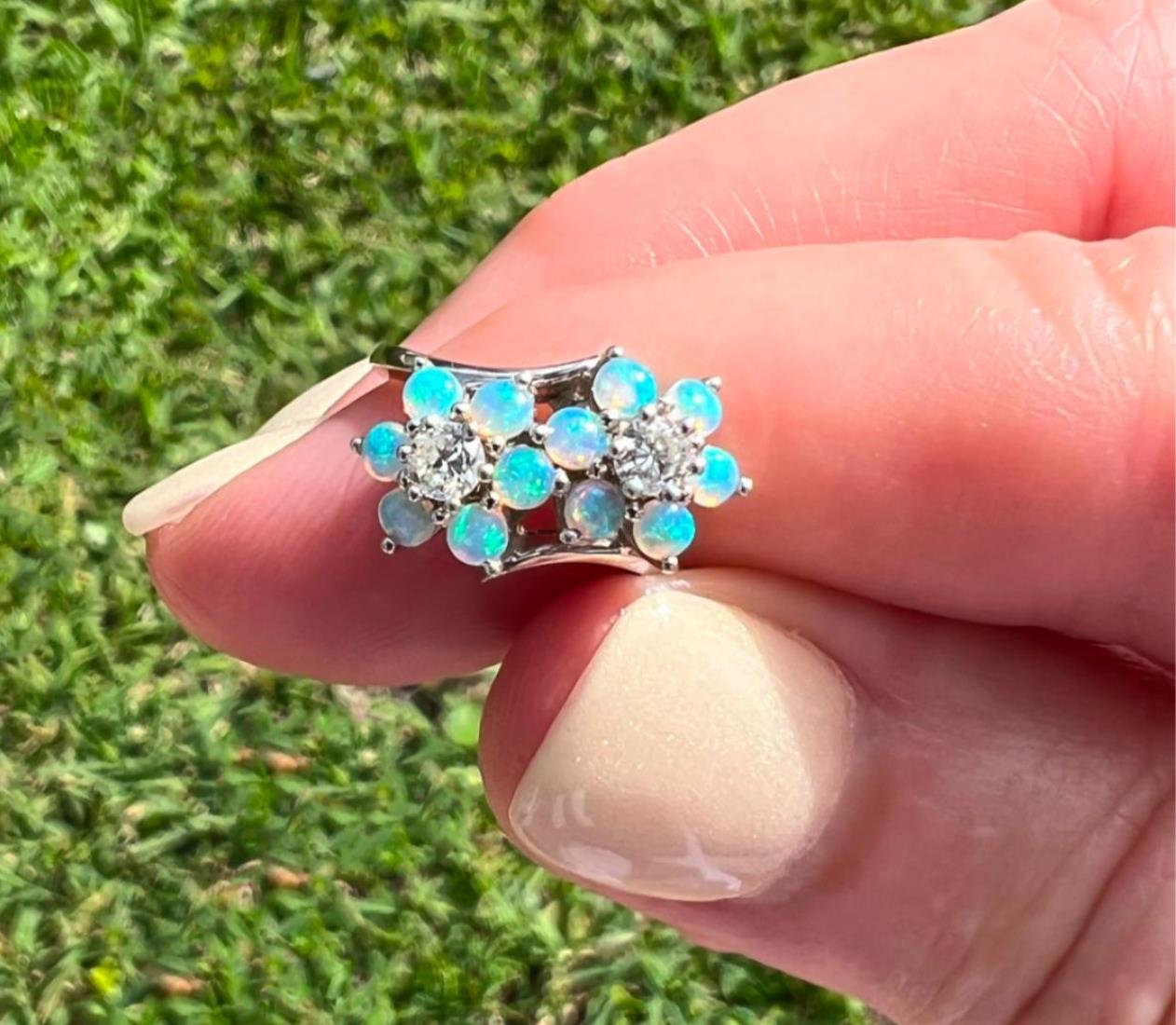 Diamond Opal Double Flower 14k White Gold Ring Size 5.5