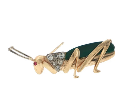 Malachite ruby and diamond grasshopper figural brooch in 14k yellow and white gold