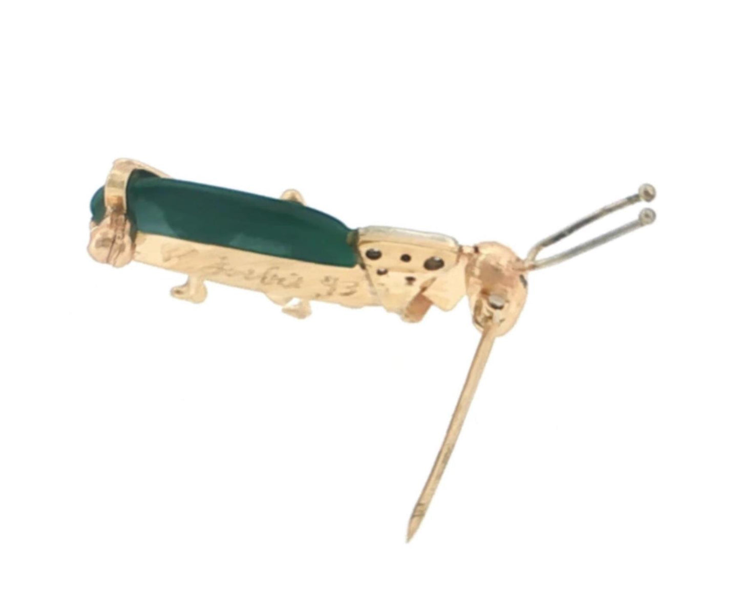 Diamond Ruby Malachite 14k Yellow White Gold Grasshopper Figural Brooch