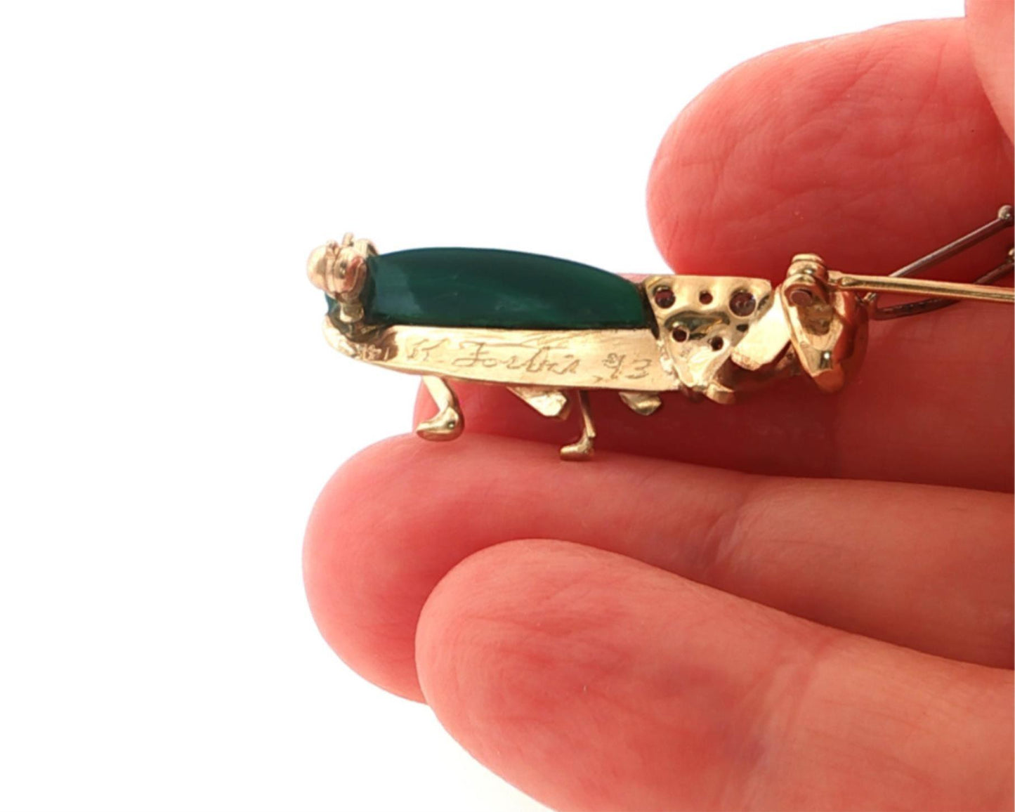 Diamond Ruby Malachite 14k Yellow White Gold Grasshopper Figural Brooch