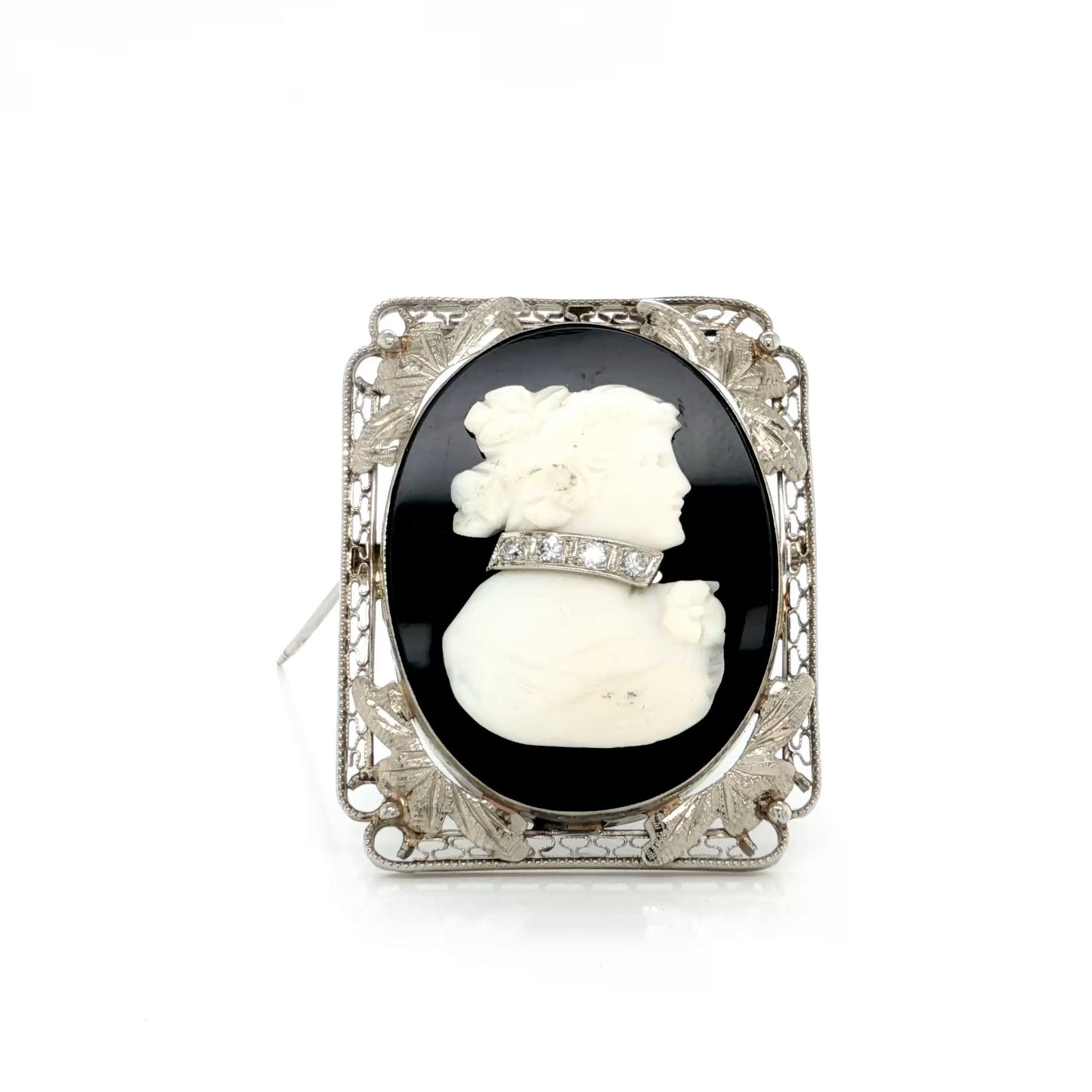 Cameo Onyx Diamond 14k White Gold Brooch Pendant