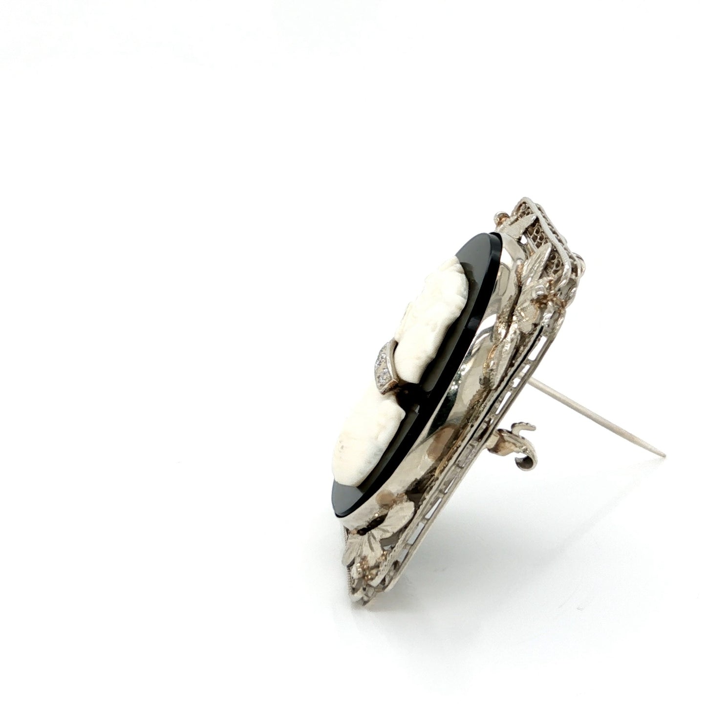 Cameo Onyx Diamond 14k White Gold Brooch Pendant
