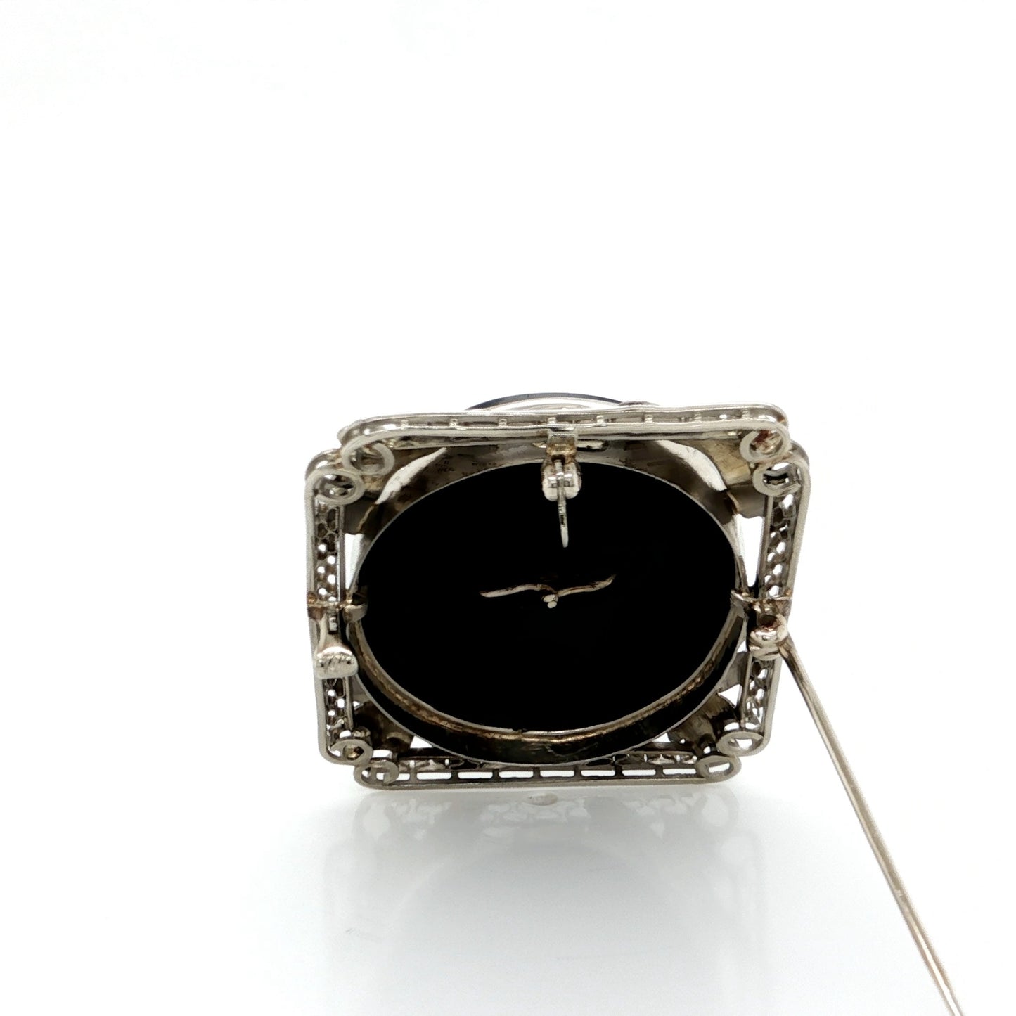 Cameo Onyx Diamond 14k White Gold Brooch Pendant