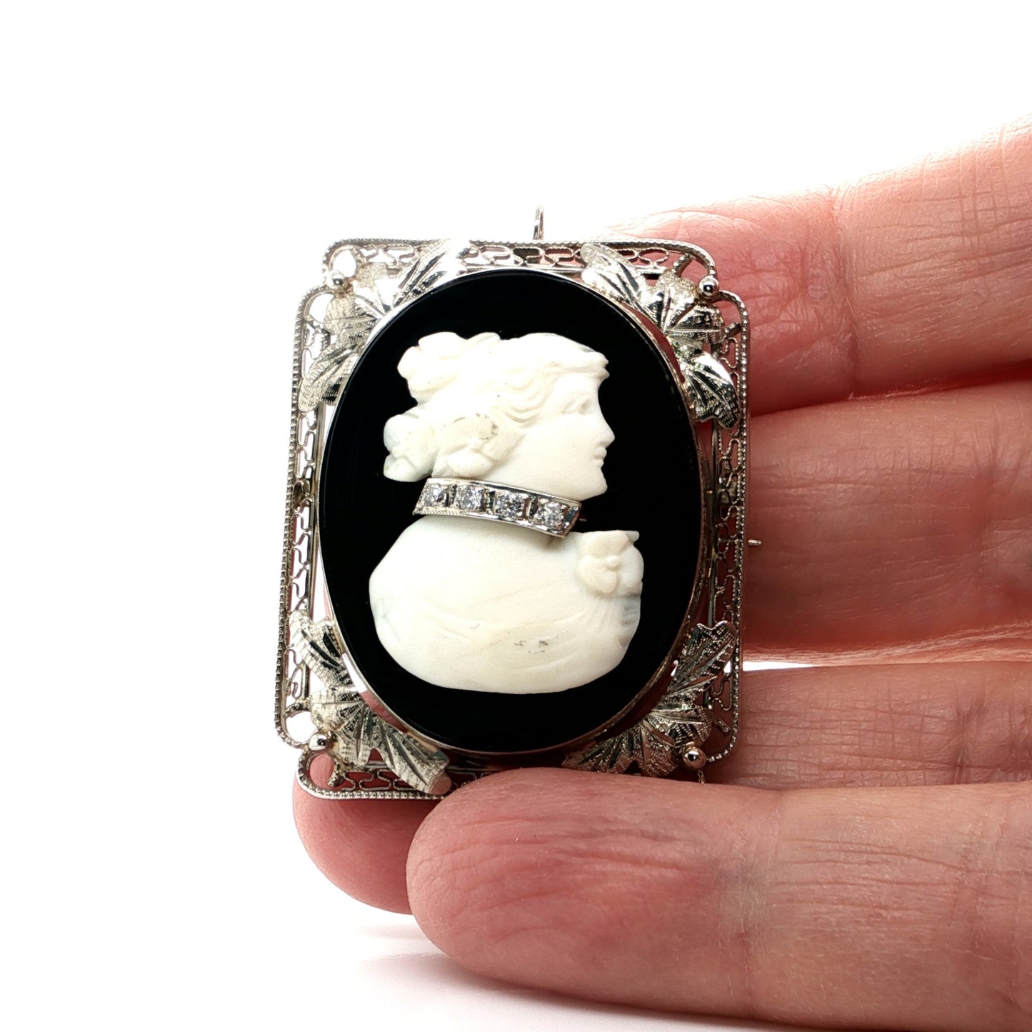 Cameo Onyx Diamond 14k White Gold Brooch Pendant