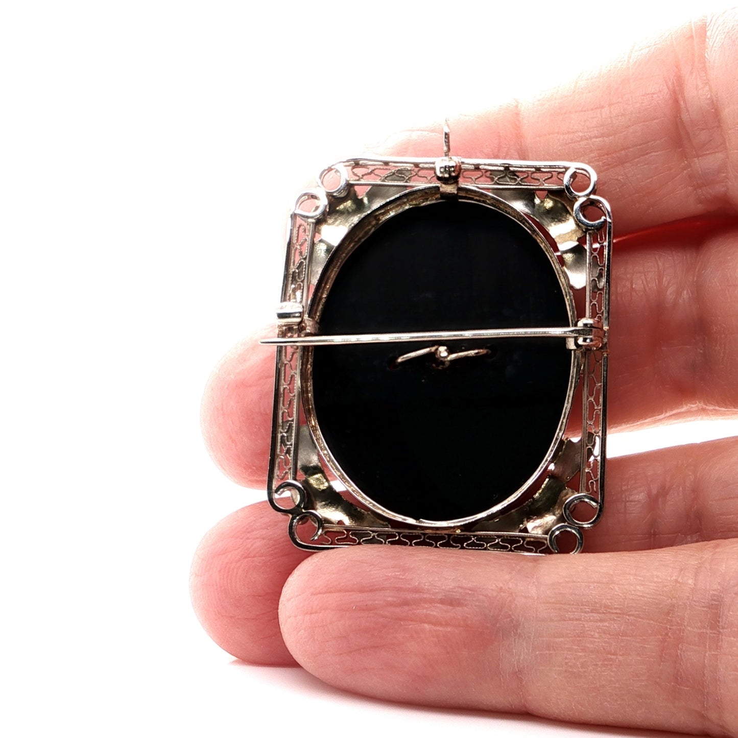 Cameo Onyx Diamond 14k White Gold Brooch Pendant
