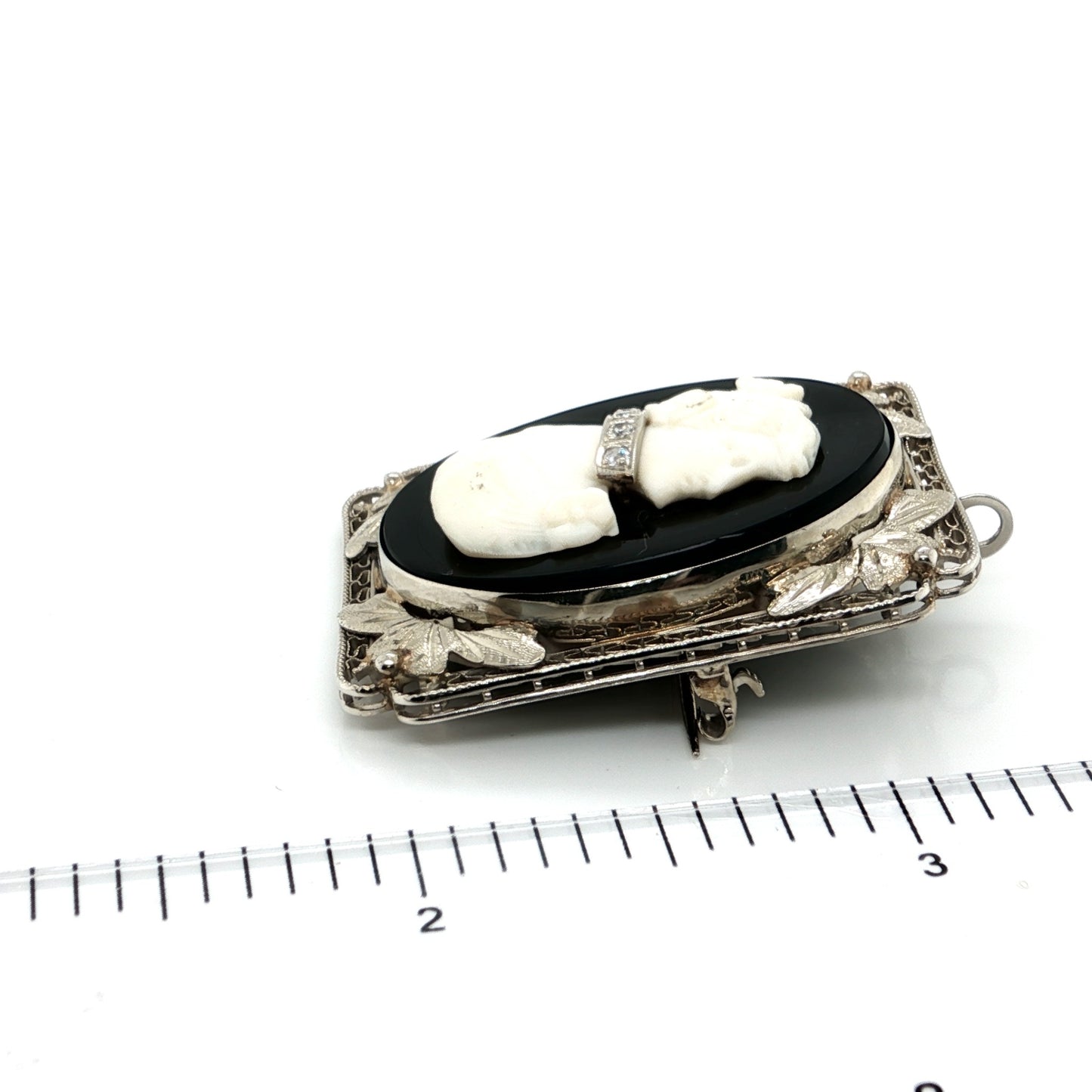 Cameo Onyx Diamond 14k White Gold Brooch Pendant