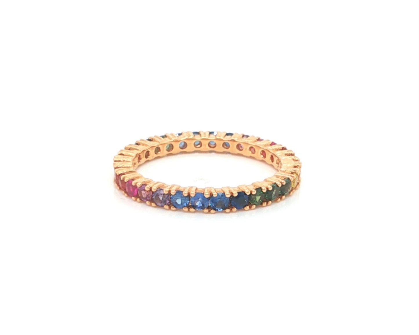 Multi-Color Sapphire Eternity 18k Rose Gold Band Ring Size 6.5