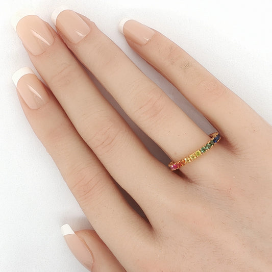Multi-Color Sapphire Eternity 18k Rose Gold Band Ring Size 6.5