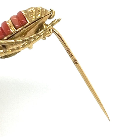 Coral Abalone Shell Lapis Fly Large Brooch 18K Yellow Gold Movable