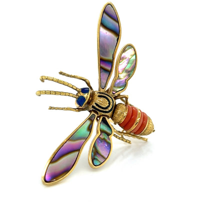 Coral Abalone Shell Lapis Fly Large Brooch 18K Yellow Gold Movable
