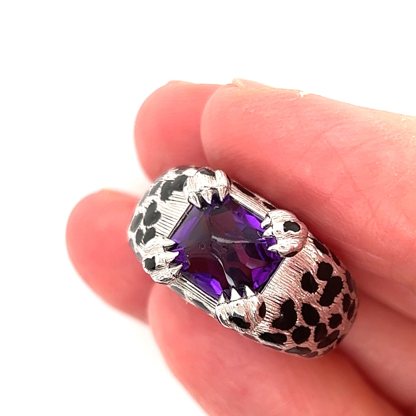 Christian Dior Leopard Amethyst Enamel Black Spots 18k White Gold Ring - Size 5.5