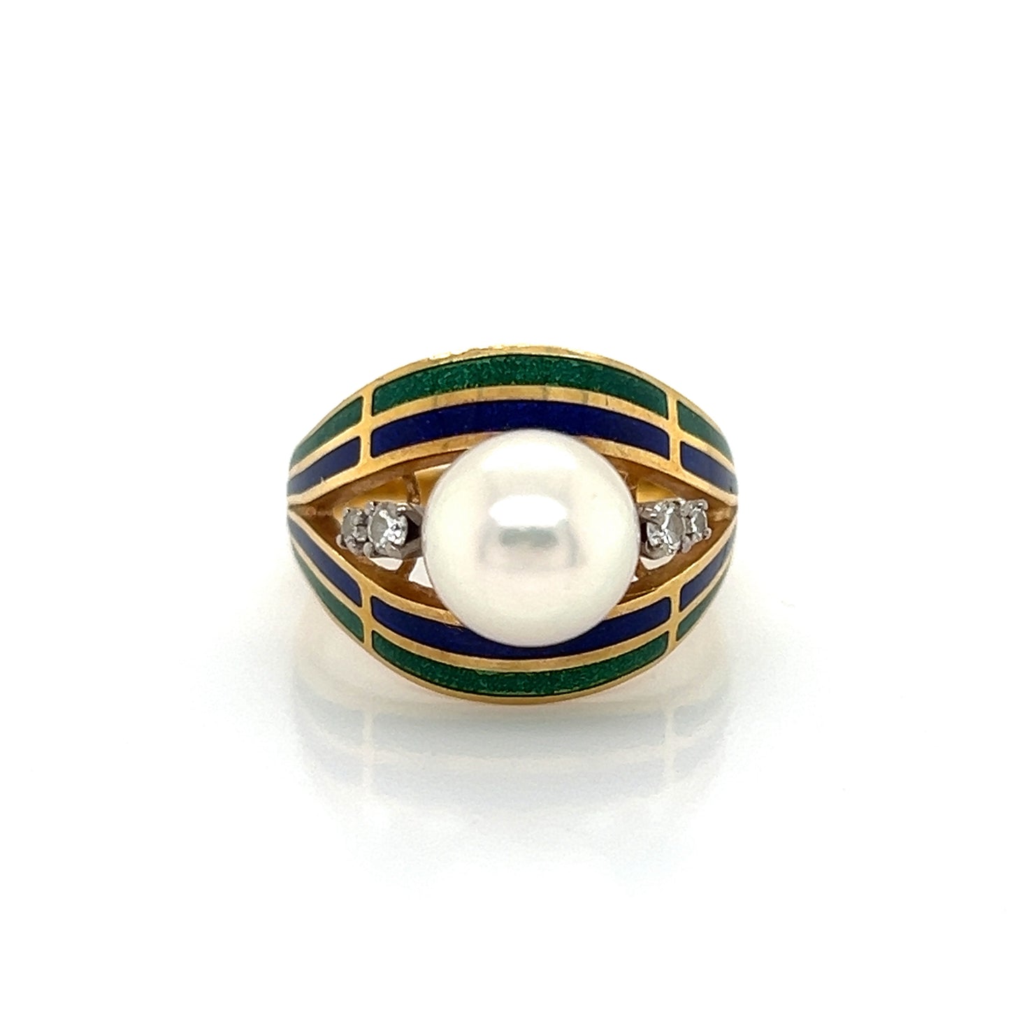 Mikimoto Pearl Diamond Enamel 18k Gold Dome Ring - Size 5
