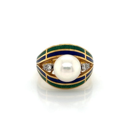 Mikimoto Pearl Diamond Enamel 18k Gold Dome Ring - Size 5