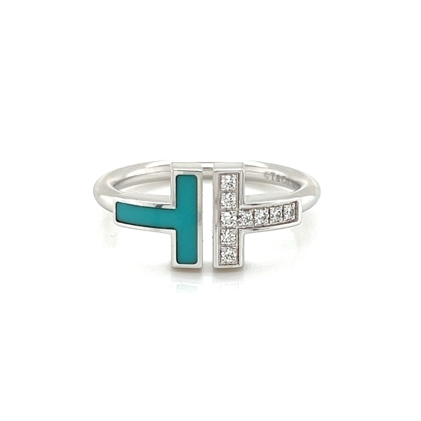 Tiffany & Co. T Diamond Turquoise 18k White Gold Wire Ring - Size 6