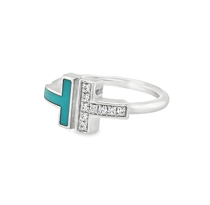Tiffany & Co. Diamond & Turquoise 18k White Gold T Wire Ring - Size 6