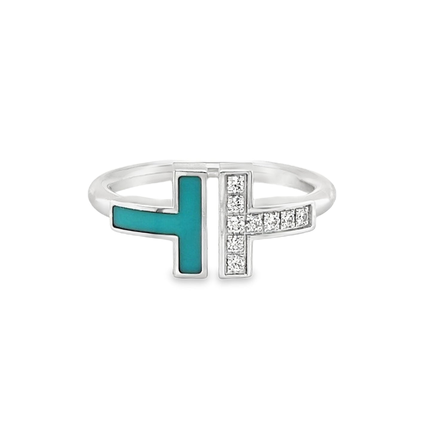 Tiffany & Co. Diamond & Turquoise 18k White Gold T Wire Ring - Size 6