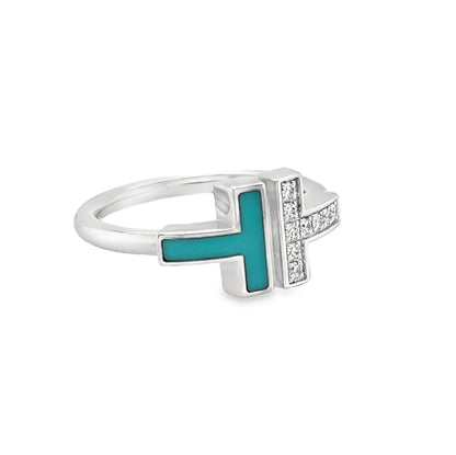 Tiffany & Co. Diamond & Turquoise 18k White Gold T Wire Ring - Size 6