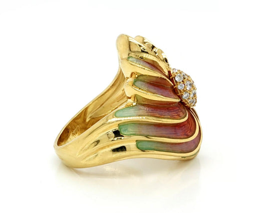 Multicolor Enamel Diamond 18k Yellow Gold Cocktail Ring