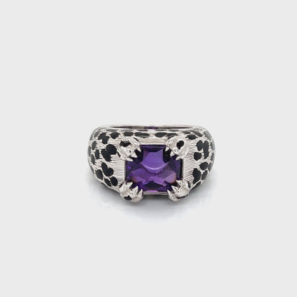 Christian Dior Leopard Amethyst Enamel Black Spots 18k White Gold Ring - Size 5.5