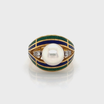 Mikimoto Pearl Diamond Enamel 18k Gold Dome Ring - Size 5