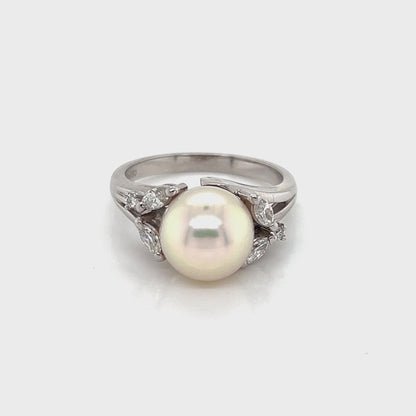 Mikimoto Akoya Pearl Diamonds Platinum Cocktail Ring - Size 6