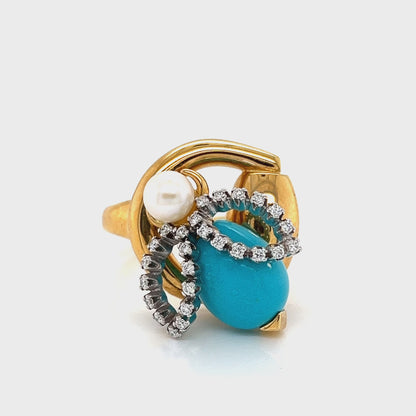 Gucci Diamond Turquoise Pearl Horsebit Bee 18k Gold Ring - Size 6