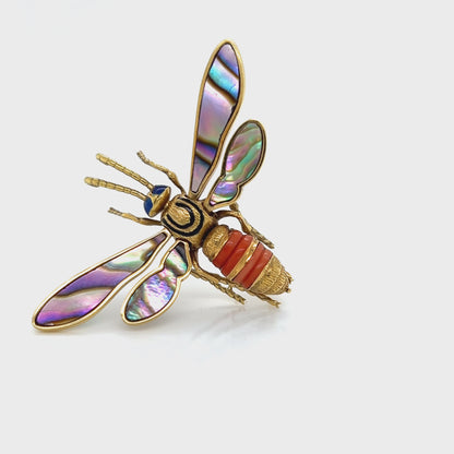 Coral Abalone Shell Lapis Fly Large Brooch 18K Yellow Gold Movable