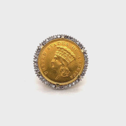 1855 Indian Princess $3 Gold Coin w/Diamond Bezel set in 14k Gold Ring - Size 4