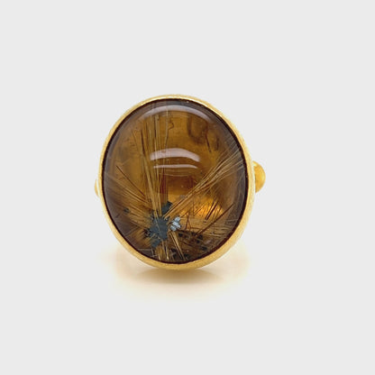 Gurhan Rune Gold Stone Cocktail Ring in 24k Gold with Rutilated Quartz