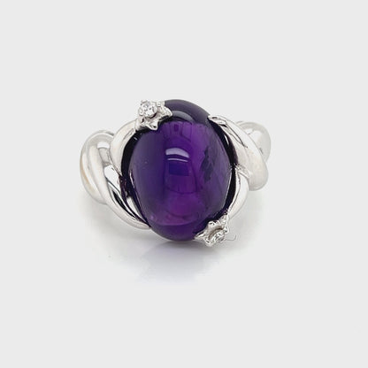 Chanel Cabochon Amethyst Diamond 18k White Gold Ring - Size 6