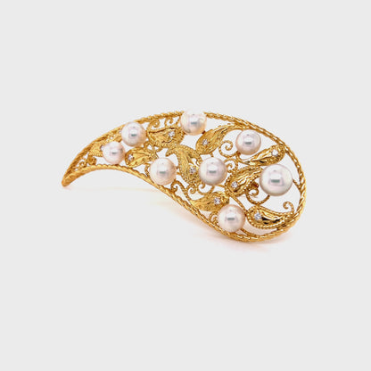 Mikimoto Akoya Pearls Diamond 18k Yellow Gold Long Fancy Pin Brooch