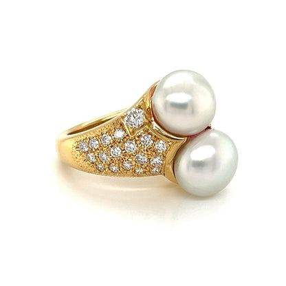 Mikimoto Diamond Double Pearls 18k Yellow Gold Cocktail Ring