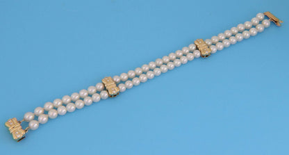 Mikimoto Diamond Pearls 18k Yellow Gold Bow Motif 2 Strand Bracelet