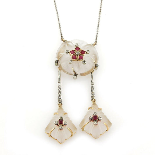 Diamond & Gems 18k Two Tone Gold Camphor Glass Drop Necklace