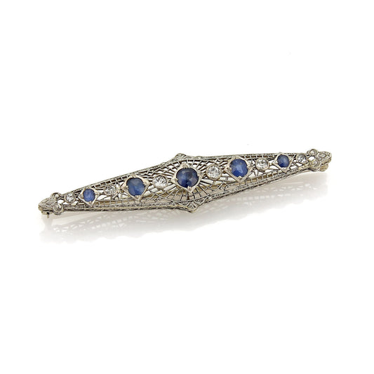 Art Deco Diamond & Sapphire 14k White Gold Filigree Brooch Pin | Brooches | Brooches, catalog, Estate, pins, Vintage | Estate