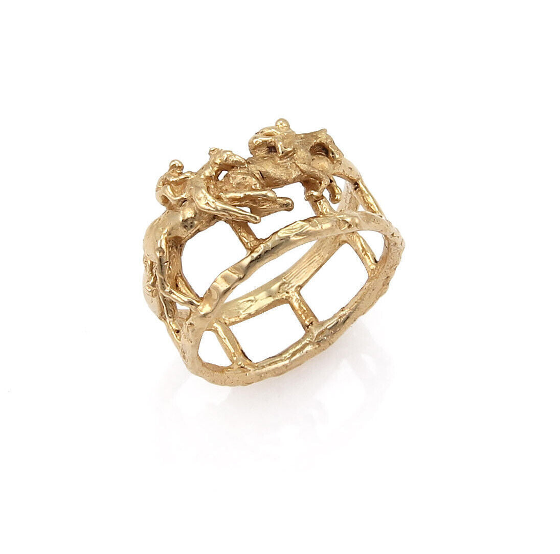Lisa Perry jockey and horse equestrian wide band ring in 14k yellow gold