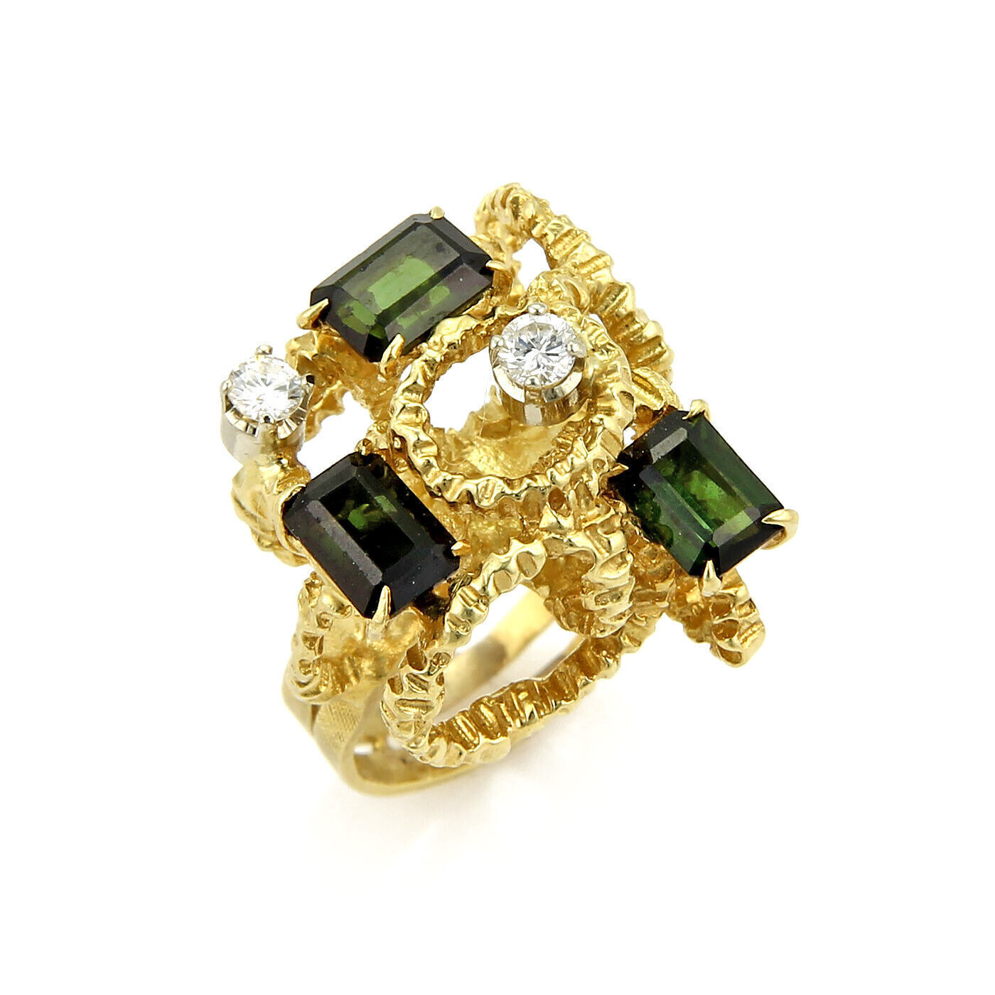 Diamond & Green Tourmaline 18k Yellow Gold Fancy Textured Ring | Rings | catalog, Estate, Rings, Vintage | Estate