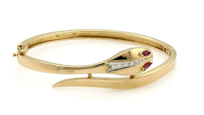 Diamond & Ruby Snake Bypass 18k Yellow Gold Bangle Bracelet