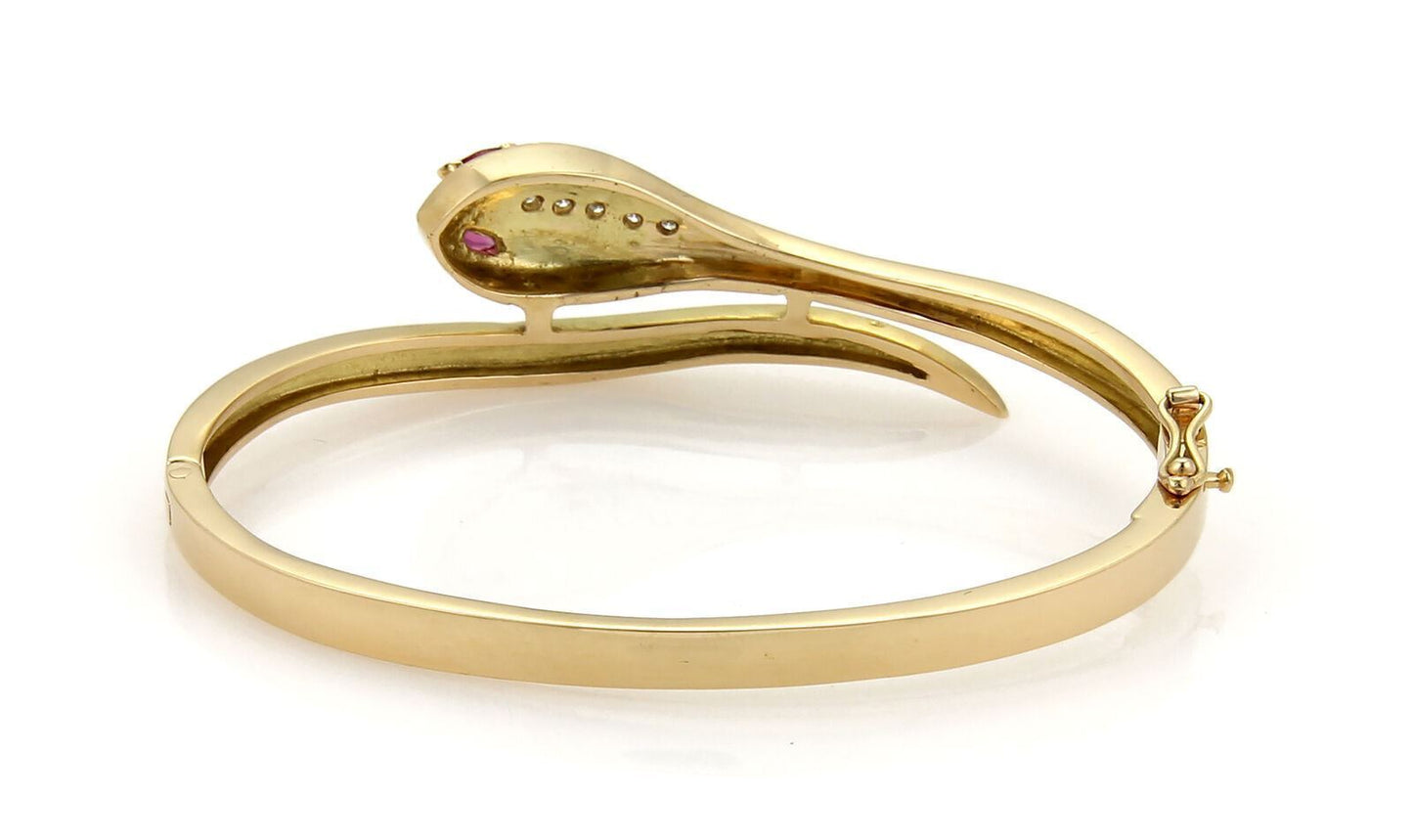 Diamond & Ruby Snake Bypass 18k Yellow Gold Bangle Bracelet