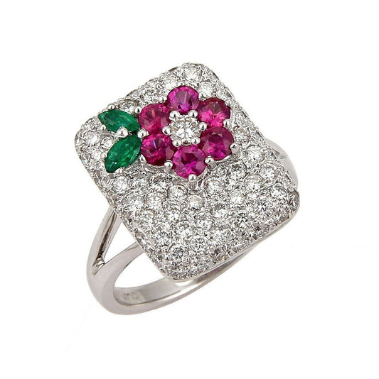 Diamond Emerald & Sapphire 18k White Gold Floral Ring | Rings | catalog, Estate, Rings | Estate