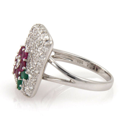 Diamond Emerald & Sapphire 18k White Gold Floral Ring