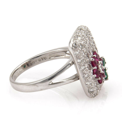 Diamond Emerald & Sapphire 18k White Gold Floral Ring