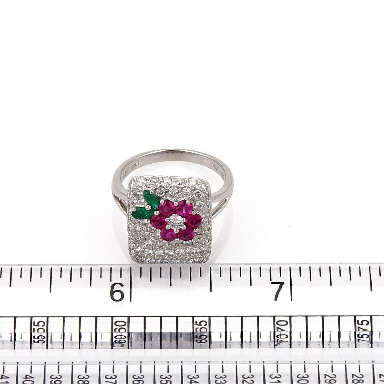 Diamond Emerald & Sapphire 18k White Gold Floral Ring