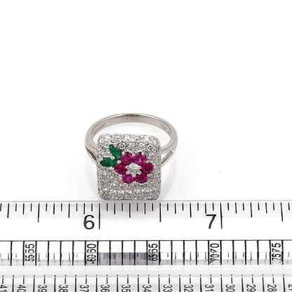 Diamond Emerald & Sapphire 18k White Gold Floral Ring