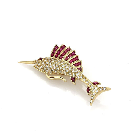 Swordfish Diamond & Ruby 14k Yellow Gold Brooch Pin | brooches | Brooches, catalog, Estate, pins | Estate