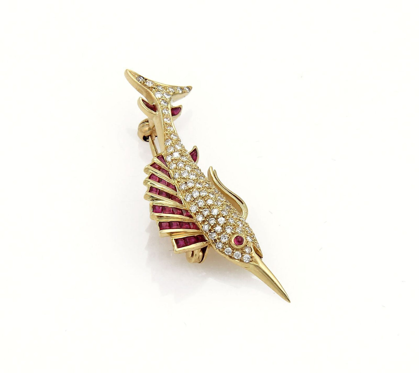 Swordfish Diamond & Ruby 14k Yellow Gold Brooch Pin