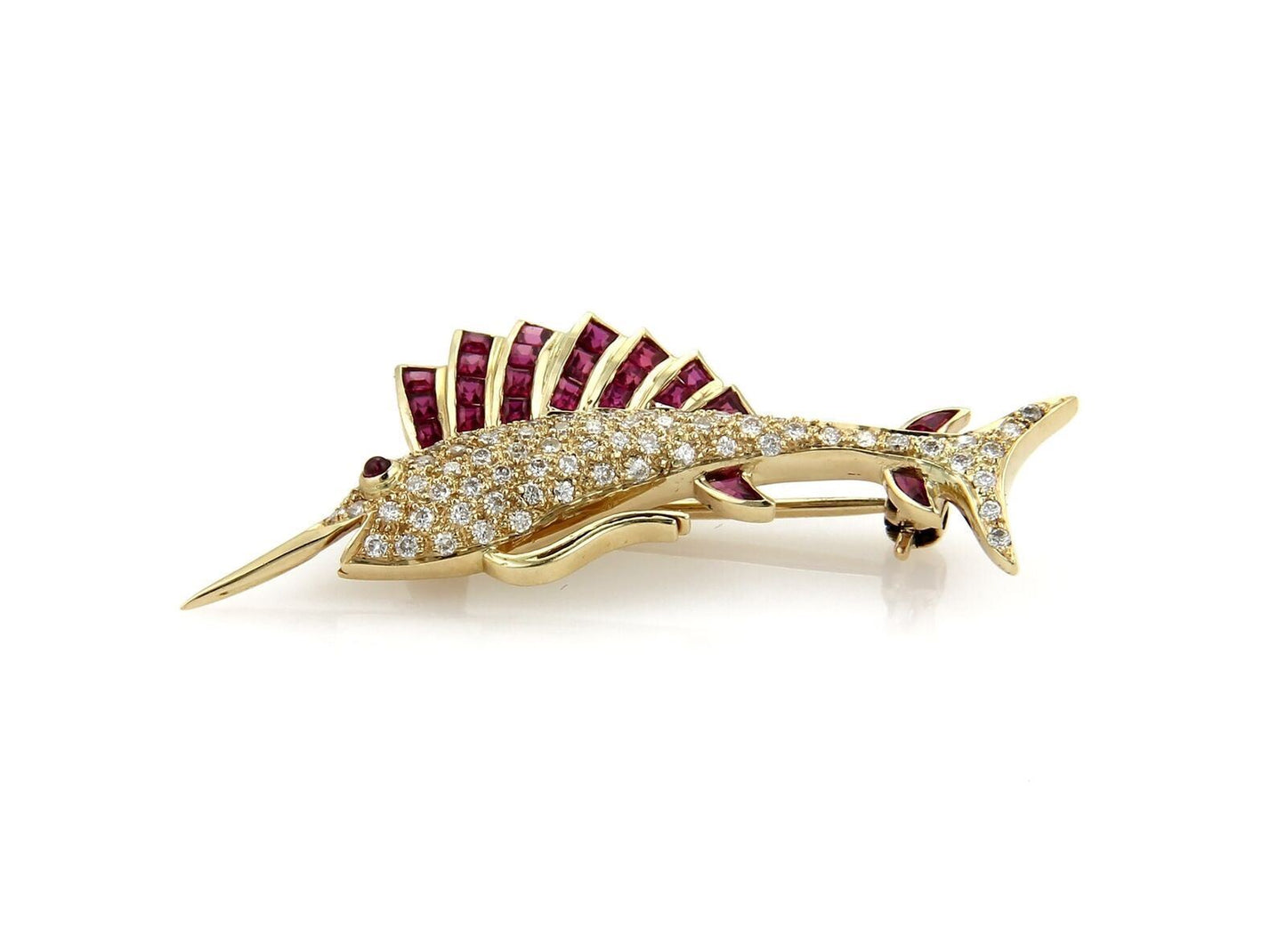 Swordfish Diamond & Ruby 14k Yellow Gold Brooch Pin